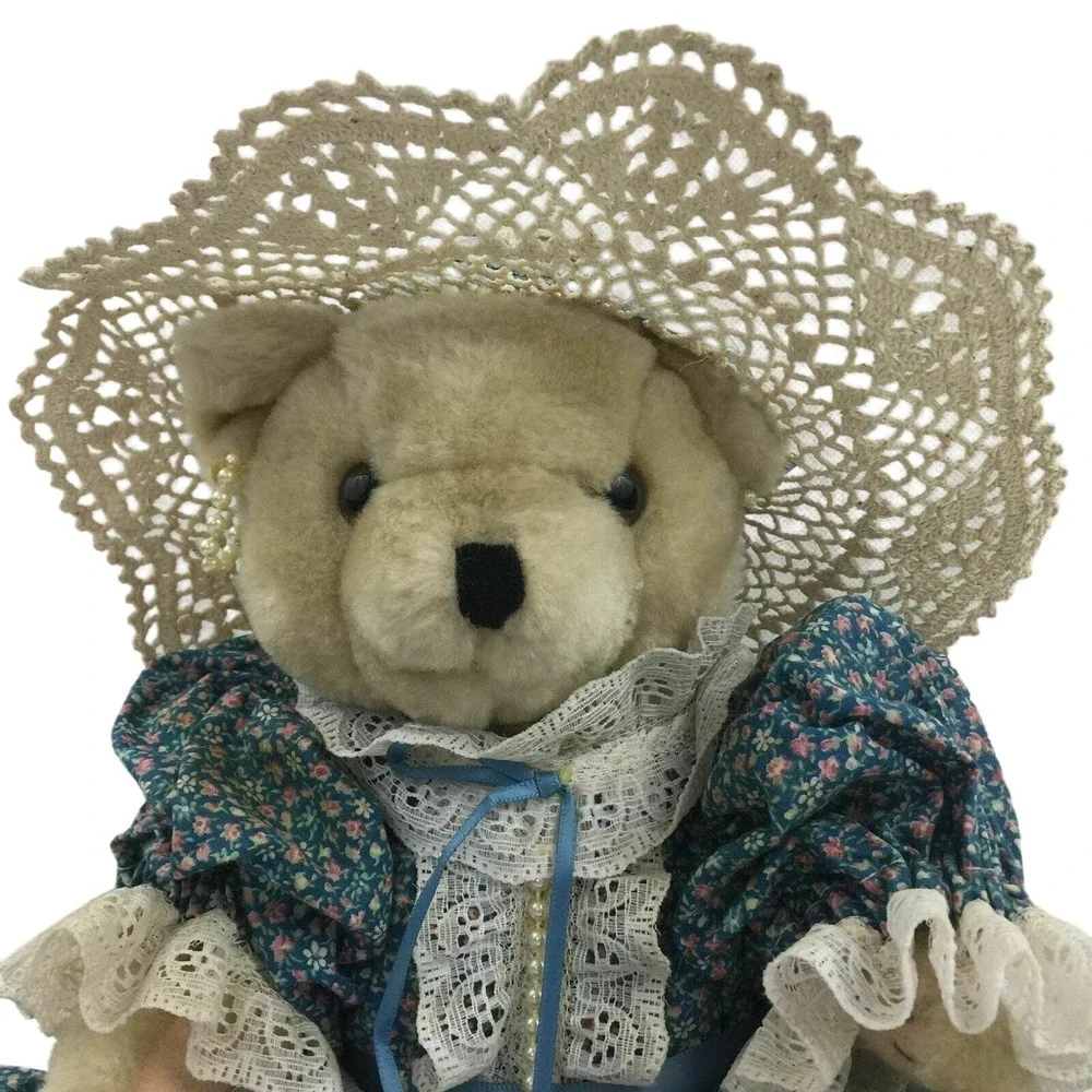 VTG Plush Teddy Bear Victorian Lace Hat Dress Old Fashioned Grandma Bear Doll